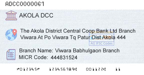 The Akola District Central Cooperative Bank Viwara Babhulgaon BranchBranch 