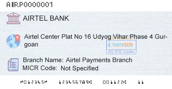 Airtel Payments Bank Limited Airtel Payments BranchBranch 