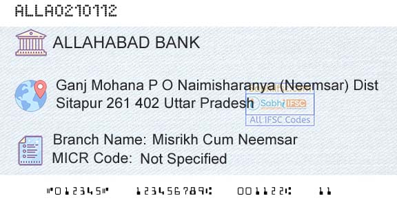 Allahabad Bank Misrikh Cum NeemsarBranch 