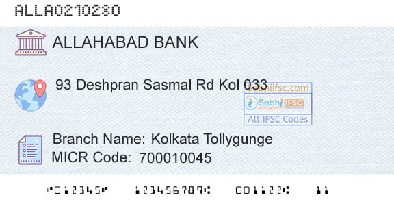Allahabad Bank Kolkata TollygungeBranch 