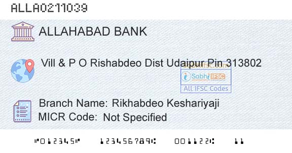 Allahabad Bank Rikhabdeo KeshariyajiBranch 