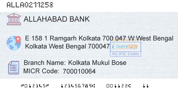 Allahabad Bank Kolkata Mukul BoseBranch 