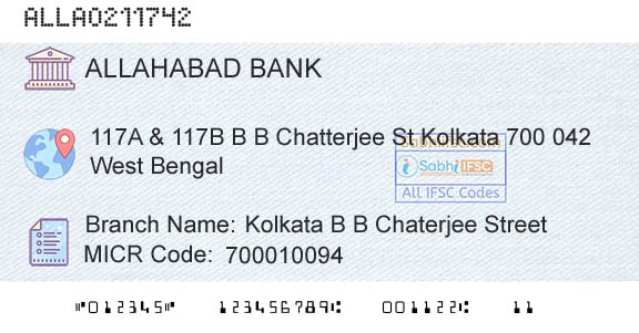 Allahabad Bank Kolkata B B Chaterjee StreetBranch 