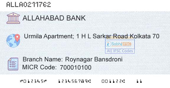 Allahabad Bank Roynagar BansdroniBranch 