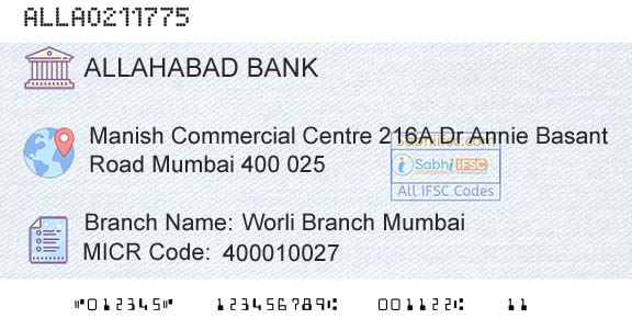 Allahabad Bank Worli Branch MumbaiBranch 