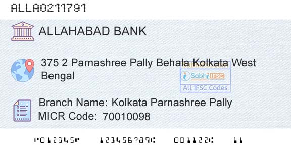 Allahabad Bank Kolkata Parnashree PallyBranch 