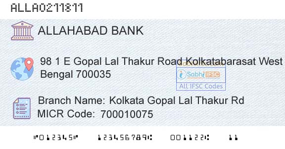 Allahabad Bank Kolkata Gopal Lal Thakur RdBranch 