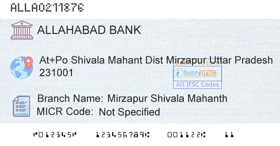 Allahabad Bank Mirzapur Shivala MahanthBranch 
