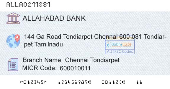Allahabad Bank Chennai TondiarpetBranch 