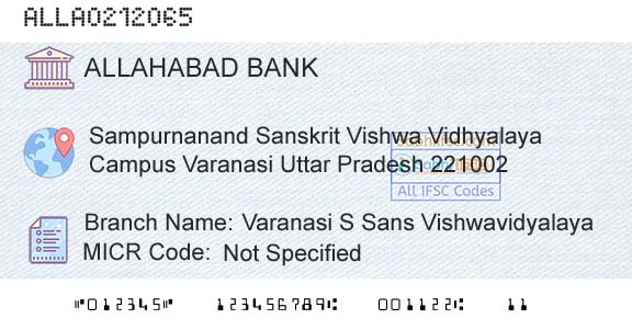 Allahabad Bank Varanasi S Sans VishwavidyalayaBranch 