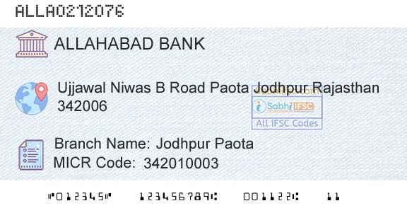 Allahabad Bank Jodhpur PaotaBranch 