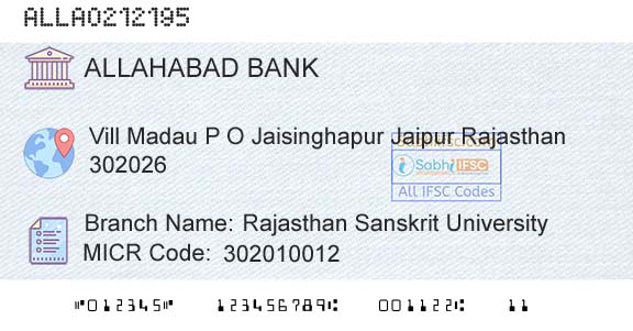 Allahabad Bank Rajasthan Sanskrit UniversityBranch 