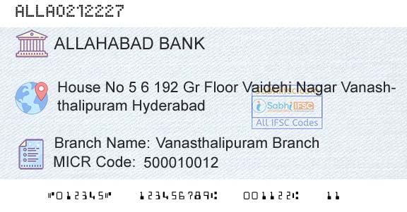 Allahabad Bank Vanasthalipuram BranchBranch 