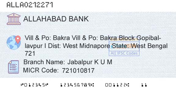 Allahabad Bank Jabalpur K U MBranch 