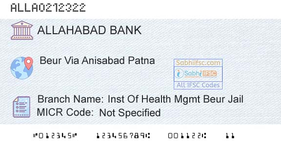 Allahabad Bank Inst Of Health Mgmt Beur JailBranch 
