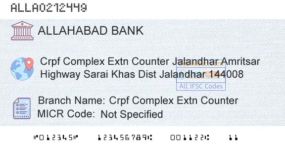 Allahabad Bank Crpf Complex Extn CounterBranch 
