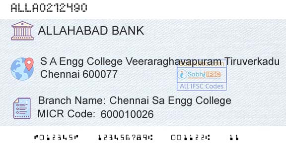 Allahabad Bank Chennai Sa Engg CollegeBranch 