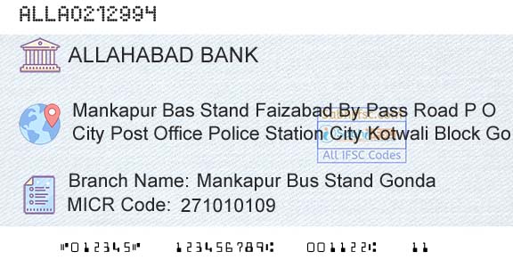 Allahabad Bank Mankapur Bus Stand GondaBranch 