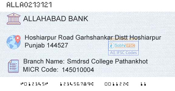 Allahabad Bank Smdrsd College PathankhotBranch 
