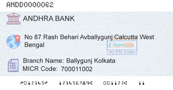 Andhra Bank Ballygunj Kolkata Branch 
