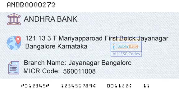 Andhra Bank Jayanagar BangaloreBranch 
