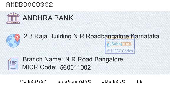 Andhra Bank N R Road Bangalore Branch 