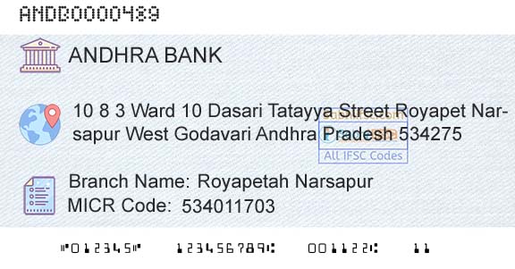 Andhra Bank Royapetah Narsapur Branch 