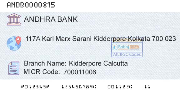 Andhra Bank Kidderpore Calcutta Branch 