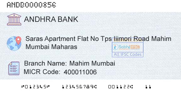 Andhra Bank Mahim Mumbai Branch 