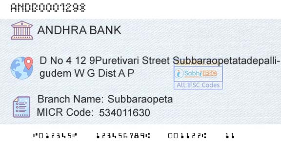 Andhra Bank SubbaraopetaBranch 