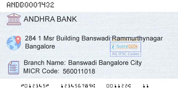 Andhra Bank Banswadi Bangalore City Branch 