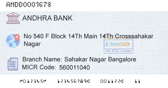 Andhra Bank Sahakar Nagar Bangalore Branch 