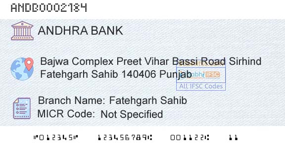 Andhra Bank Fatehgarh SahibBranch 