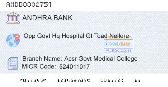 Andhra Bank Acsr Govt Medical CollegeBranch 
