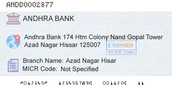 Andhra Bank Azad Nagar HisarBranch 