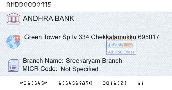 Andhra Bank Sreekaryam BranchBranch 