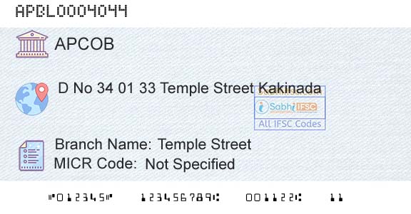 The Andhra Pradesh State Cooperative Bank Limited Temple StreetBranch 