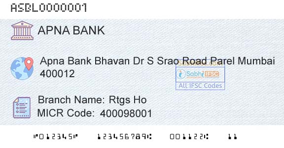 Apna Sahakari Bank Limited Rtgs HoBranch 