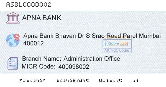 Apna Sahakari Bank Limited Administration OfficeBranch 