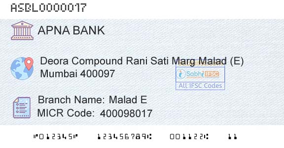 Apna Sahakari Bank Limited Malad E Branch 