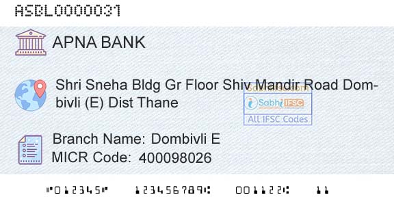 Apna Sahakari Bank Limited Dombivli E Branch 