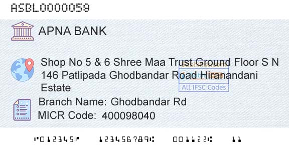 Apna Sahakari Bank Limited Ghodbandar RdBranch 