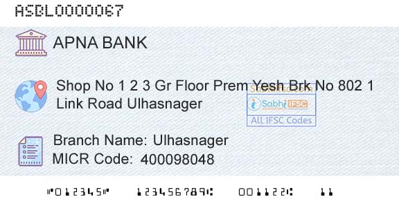 Apna Sahakari Bank Limited UlhasnagerBranch 