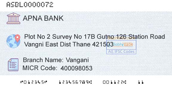Apna Sahakari Bank Limited VanganiBranch 