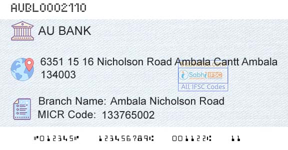 Au Small Finance Bank Limited Ambala Nicholson RoadBranch 