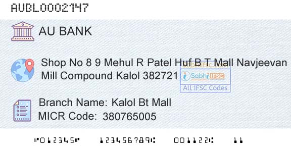 Au Small Finance Bank Limited Kalol Bt MallBranch 