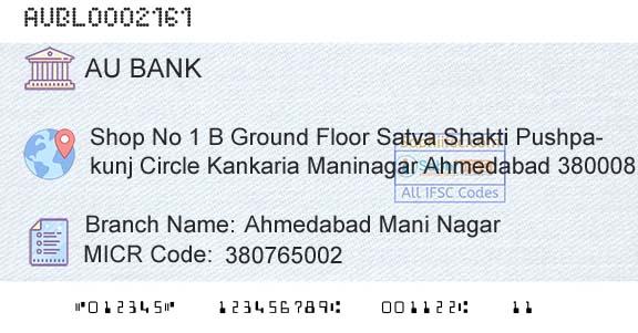 Au Small Finance Bank Limited Ahmedabad Mani NagarBranch 