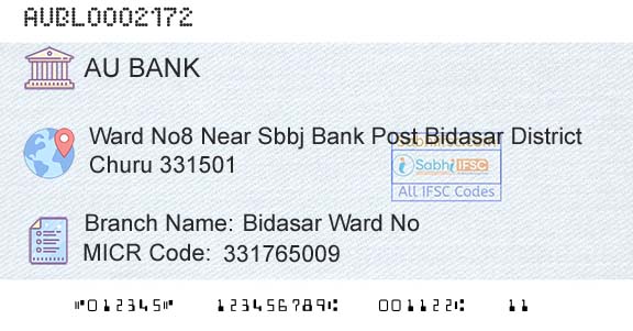 Au Small Finance Bank Limited Bidasar Ward NoBranch 