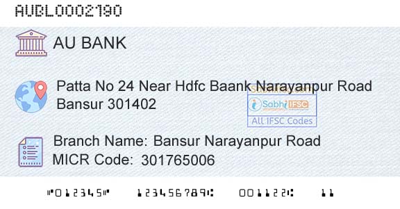 Au Small Finance Bank Limited Bansur Narayanpur RoadBranch 