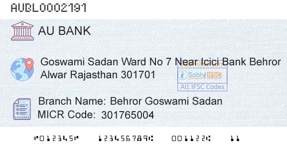 Au Small Finance Bank Limited Behror Goswami SadanBranch 